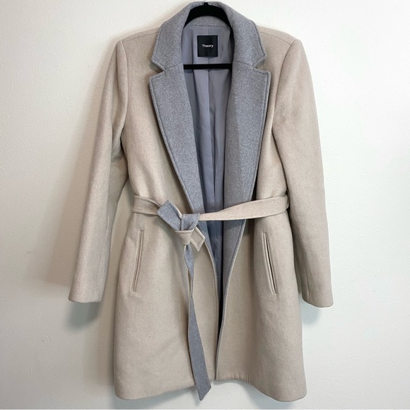 Theory Jackets & Blazers - Theory Women's Dia Df Lana Wool Coat Tie Waist Belted Grey Beige Size M